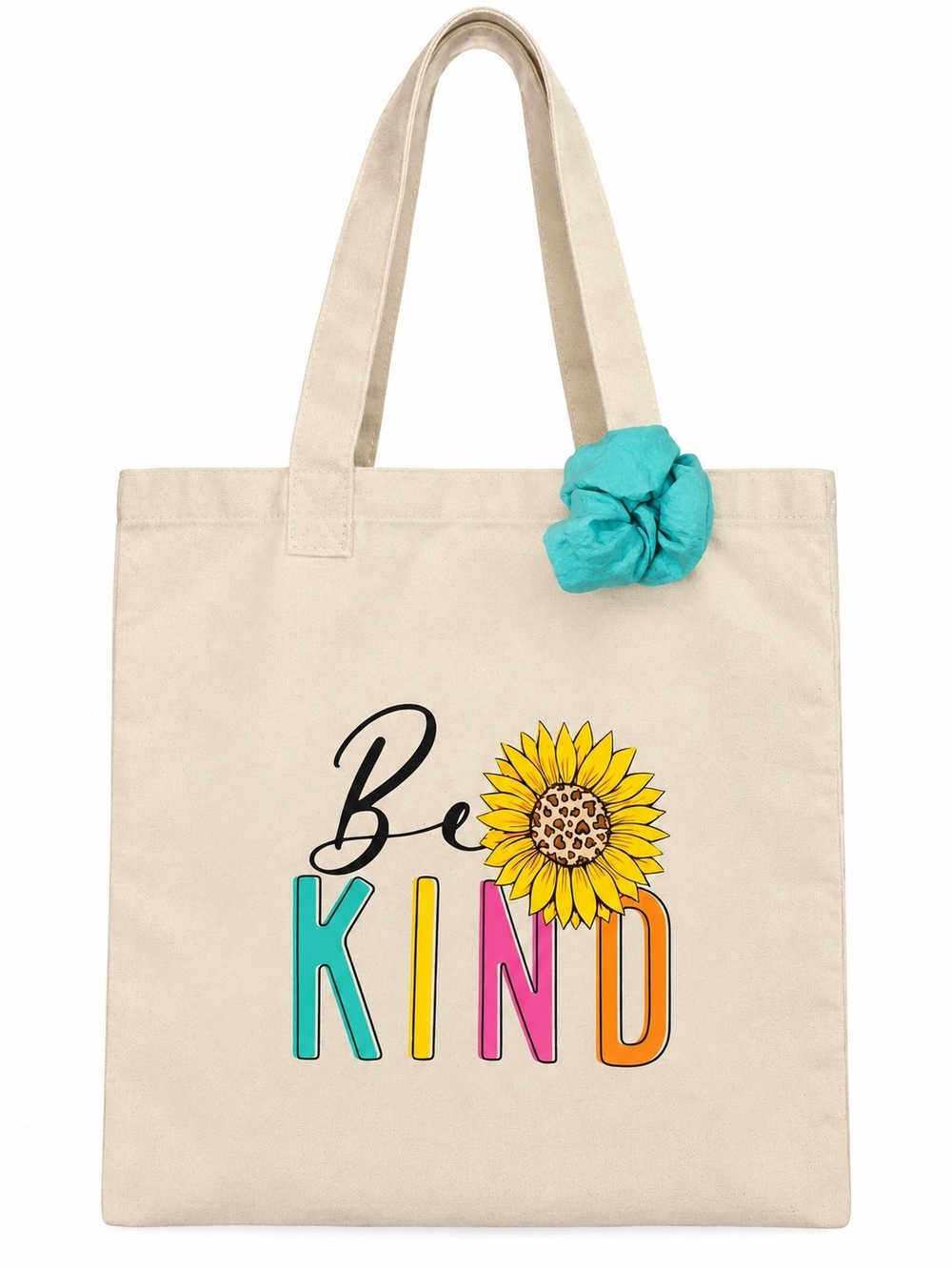 A185. Be Kind Graphic Tote in Cream & Turquoise Like New 14x15"